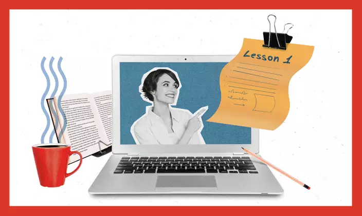Collage type graphic depicting a business woman pointing to a document that says "Lesson 1"