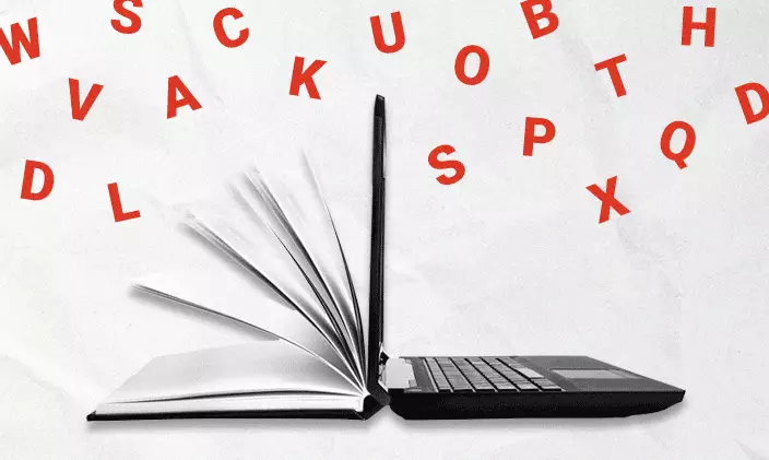 Stylized image of a book opening into a laptop with letters floating overhead