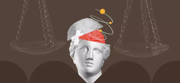 Sculpture of a head with a brain sticking out to signify victimology