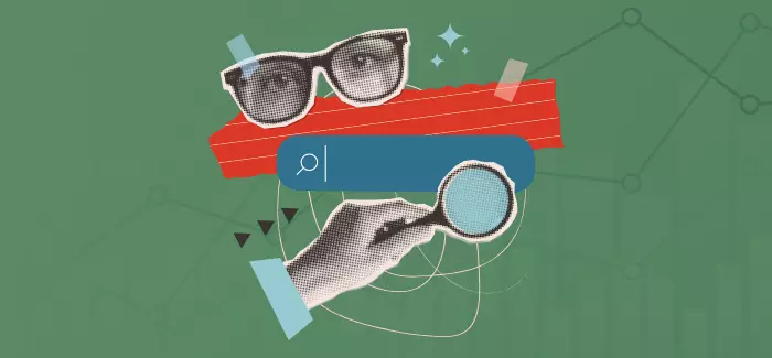 A collage representing careers in education with a pair of eyeglasses, a hand holding a magnifying glass, search bar and a book