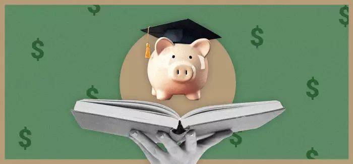 Piggy bank wearing graduation cap and floating above open book to illustrate understanding tuition at 爱污传媒