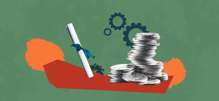 A collage style image of coins and a degree to signify a bachelor’s degree in accounting