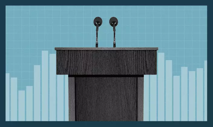 Podium with graph in background to signify delivering a business pitch
