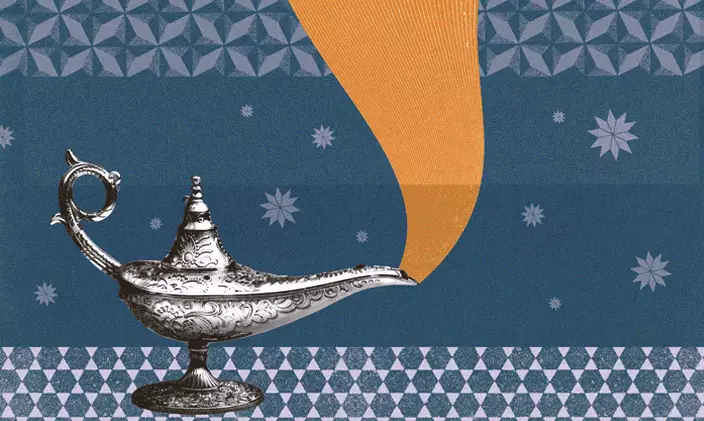 A genie in a bottle image, without the genie, but a wisp of yellow smoke