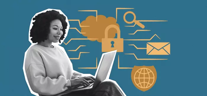 Woman working on a laptop with various computer-related icons in the background to signify what is CIS? Computer Information Systems