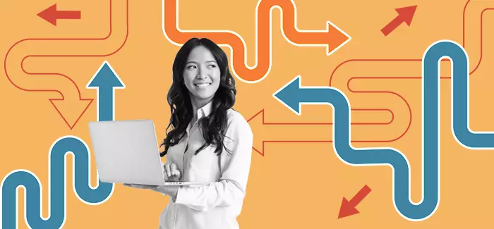 Business woman looking on her laptop to research careers om business intelligence, surrounded by arrows