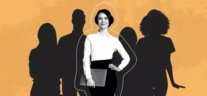 Professional woman with an HR degree, holding a laptop and standing in front of four silouettes