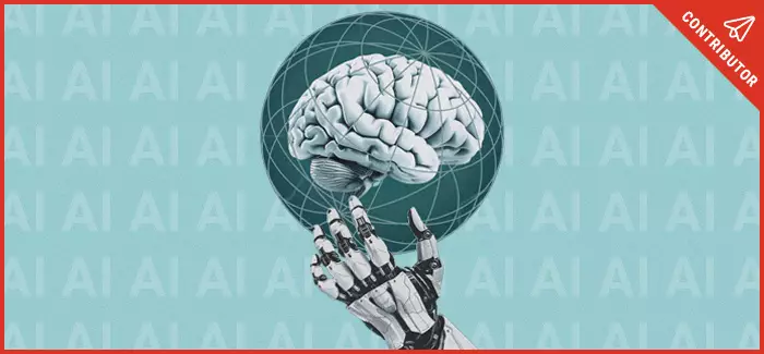 Collage of brain and a cybertronic hand to signify AI in online college education