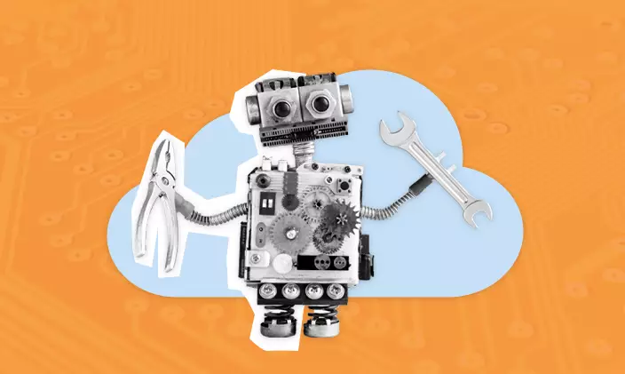 A stylized image of a robot holding tools to signify the differences between computer science, cybersecurity and IT.