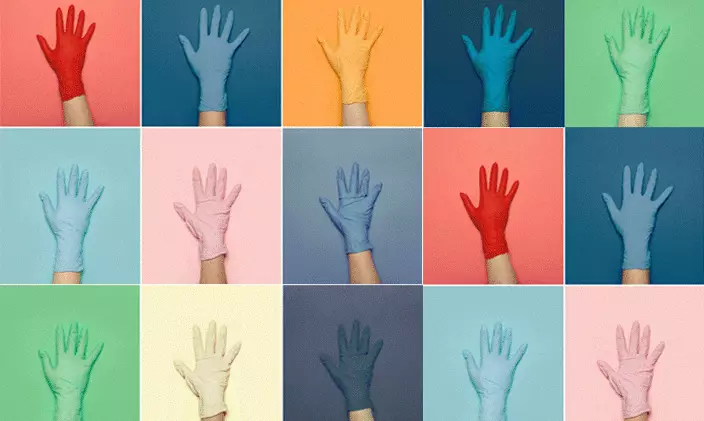 series of gloved hands against different colored backgrounds