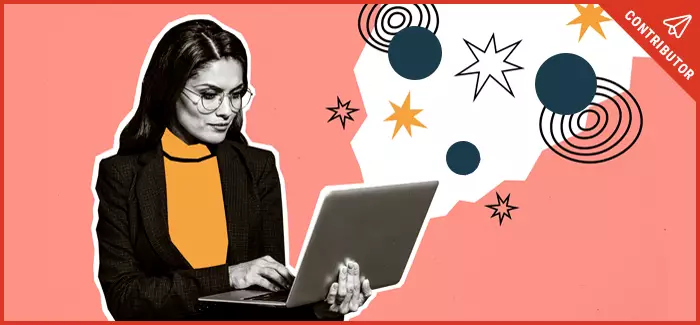 A woman focuses intently on her laptop with an illustration representing her anger swirls around her