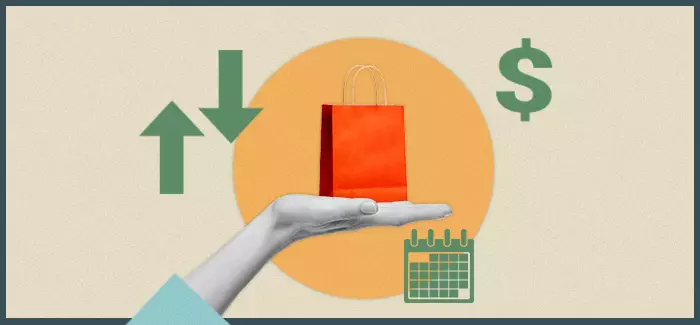 Hand holding a shopping bag with money symbols around it to signify store management