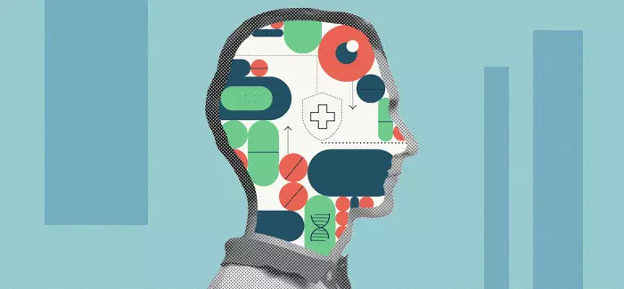 Graphic of a man's head filled with healthcare icons related to getting a master's of public health (MPH degree)