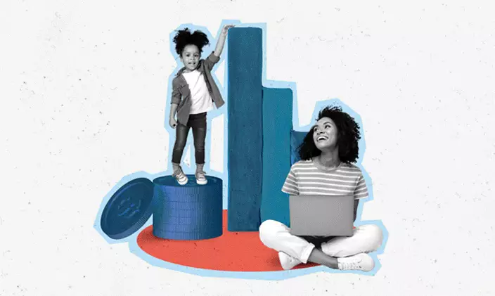 Young single mother looking up and smiling at young female child standing on stack of coins.