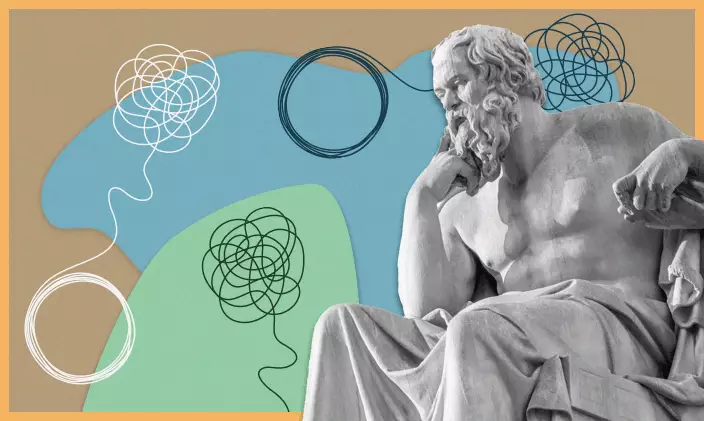 Stylized illustration with a statue of Socrates against an abstract background in mint green, cloud blue and sandstone