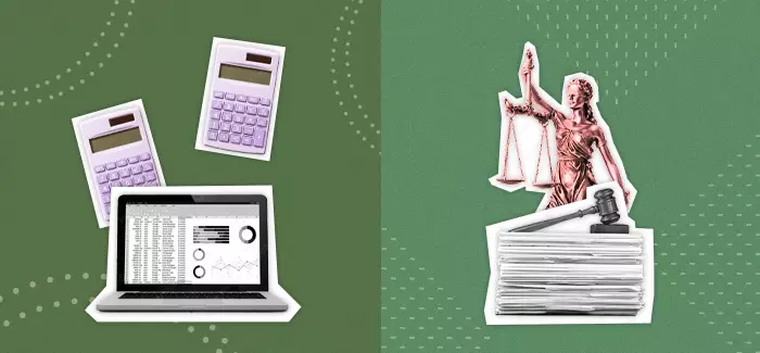 Illustration of a split screen with one half featuring calculators and the other blind justice