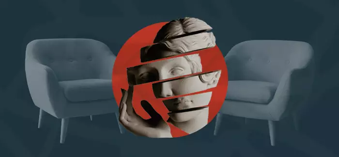 A statue bust between two comfortable chairs to represent getting a masters in counseling with woman at desk and the words "Field of Study: Counseling"