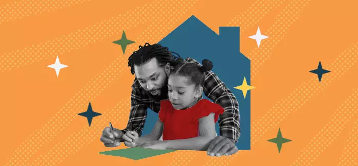 Elementary education teacher helping a young student with a project, with the outline of a house and stars in the background