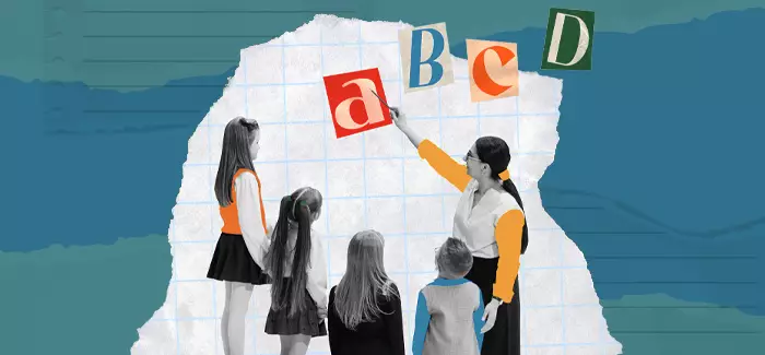 Female teaxher with four students to signify teacher leadership