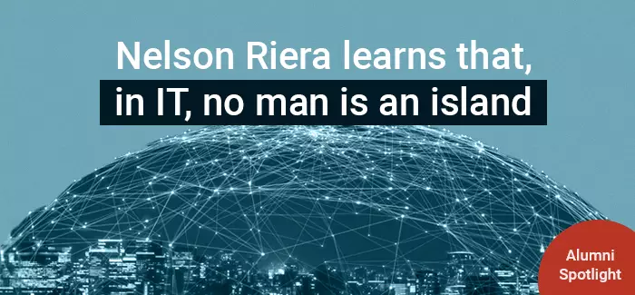 Technology points on a global grid indicating how UOPX alumnus Nelson Riera learns that, in IT, no man is an island.