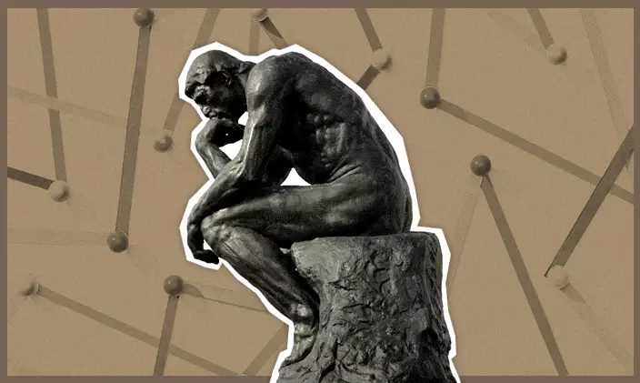 Stylized illustration of "The Thinker" sculpture against a tan background