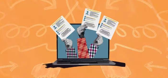 A laptop with hands holding CVs coming from it to signify how to write a cv