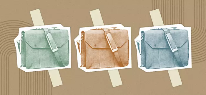 Three colored briefcases against light brown background.