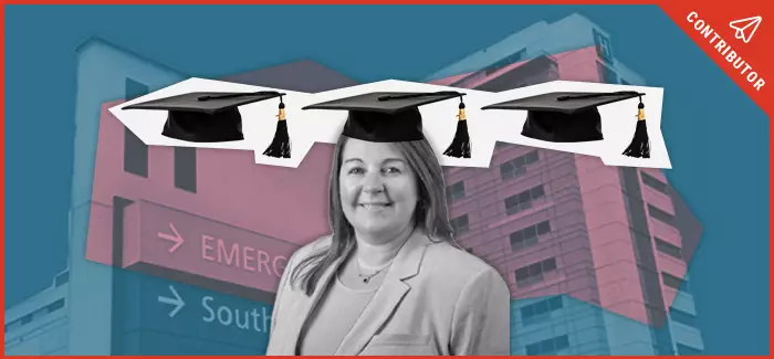 Stylized image of UOPX alumna Jennifer Rogers with three graduation caps over her head and a hospital in the background