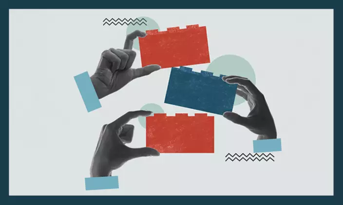 Collage image of three hands stacking red and blue legos to represent cognitive learning theory