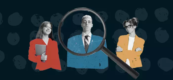 Collage-style image of three professionals with a magnifying glass over them as they evaluate the challenges of skills-based hiring