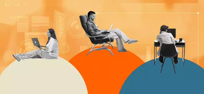 Three people with information technology careers in their workspaces