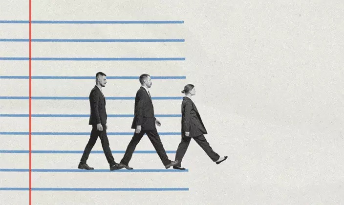 Three business people walking off a page to signify resignation letter