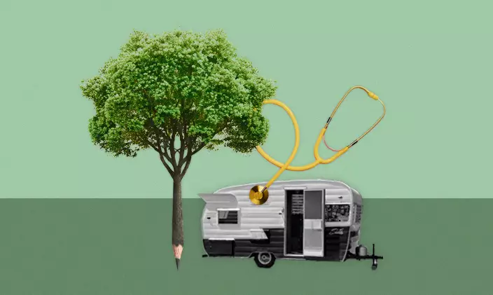 A tree pencil, a mobile home, a stethoscope to signify aspects of the internal story