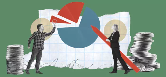 A male and female accountant signifying the difference between public vs. private accounting, holding an oversized pencil and magnifying glass among two stacks of coins and pointing at a pie chart