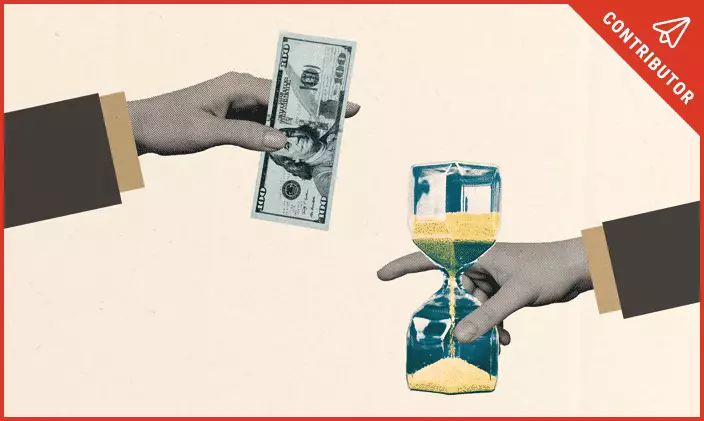 Two hands holding money and an hourglass. Image features a contributor blog tag in the corner