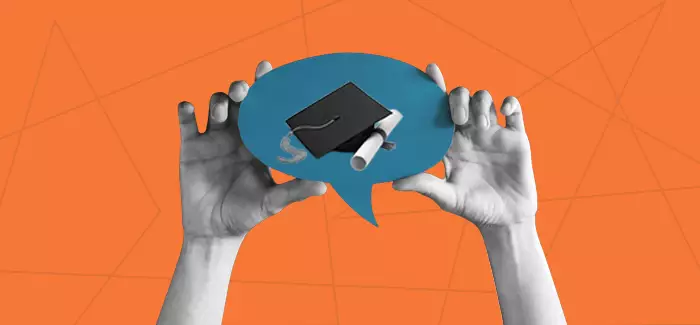 Hands holding up a speech bubble with a graduation cap and degree inside to represent a bachelor’s degree in communication