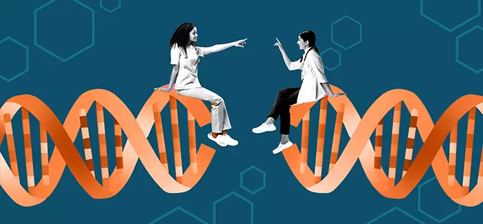 A family nurse practitioner and vs. APRN reaching across to each other while sitting on a DNA strand.