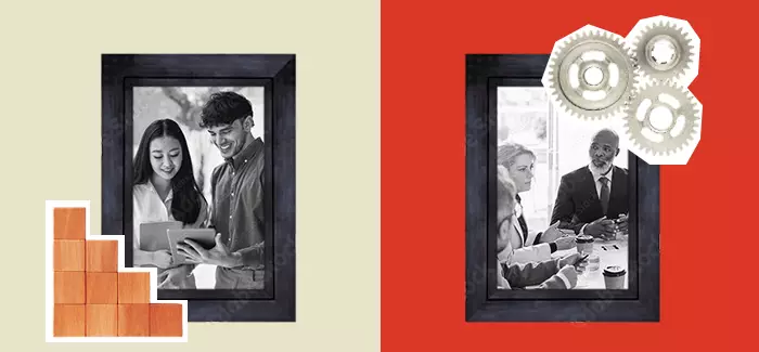 An image of two framed photos, one with wooden blocks, and one with cogs and wheels, showing the difference between a masters in management vs. MBA.