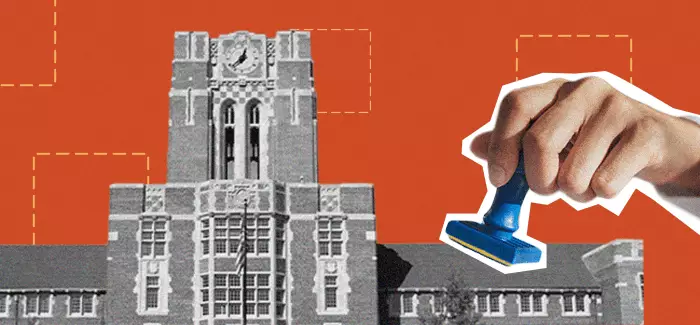 Collage image of a large hand rubber stamping a university building