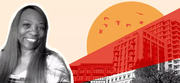 Stylized image of UOPX alumna Wanda Burks smiling as the sun rises over a city