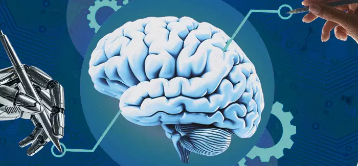 A mechanical robot hand and a human hand writing notes to go into a brain to represented human and AI collaboration