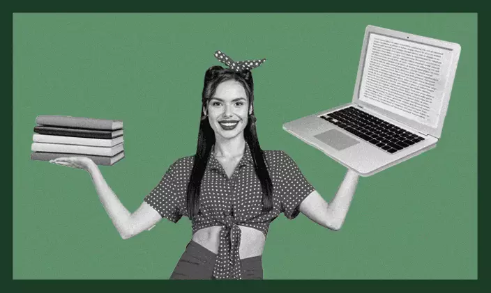 Woman balancing a stack of textbooks on one hand and a laptop on the other hand.