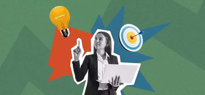 Business woman holding laptop, pointing at a lightbulb and bullseye to signify careers in finance and business