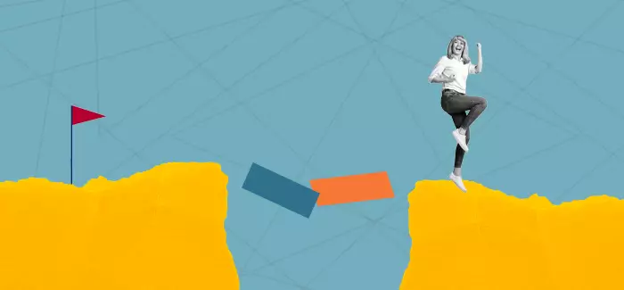 Stylized illustration of a woman jumping over a crevasse between two yellow rocks to symbolize overcoming a career gap