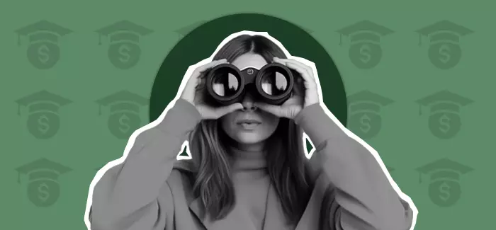 A woman looking through binoculars to signify paying for college