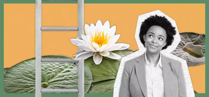 Professional woman smiling at a ladder, with a lotus flower in the background to signify moving up the corporate ladder