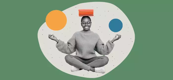 A woman doing a peaceful yoga pose to represent focusing the mind for college