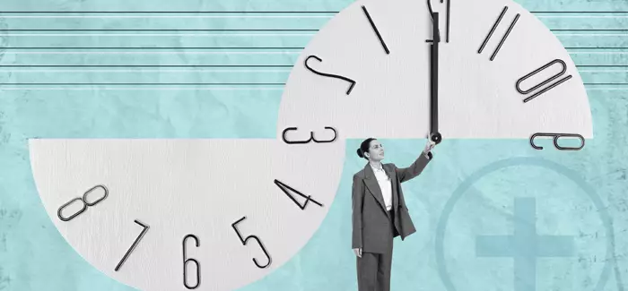 Illustration of a female in healthcare management looking at a clock that is cut in  half vertically