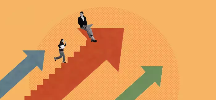 A staircase made of an upward arrow with a business person climbing to the top to signify leadership vs. management