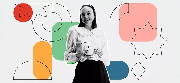 Woman surrounded by colored shapes to signify the strategies you can use for marketing a startup business